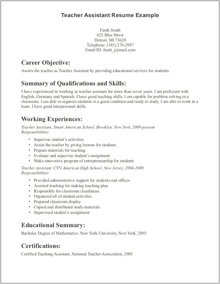 Objective Resume Pre K Teacher Assistant