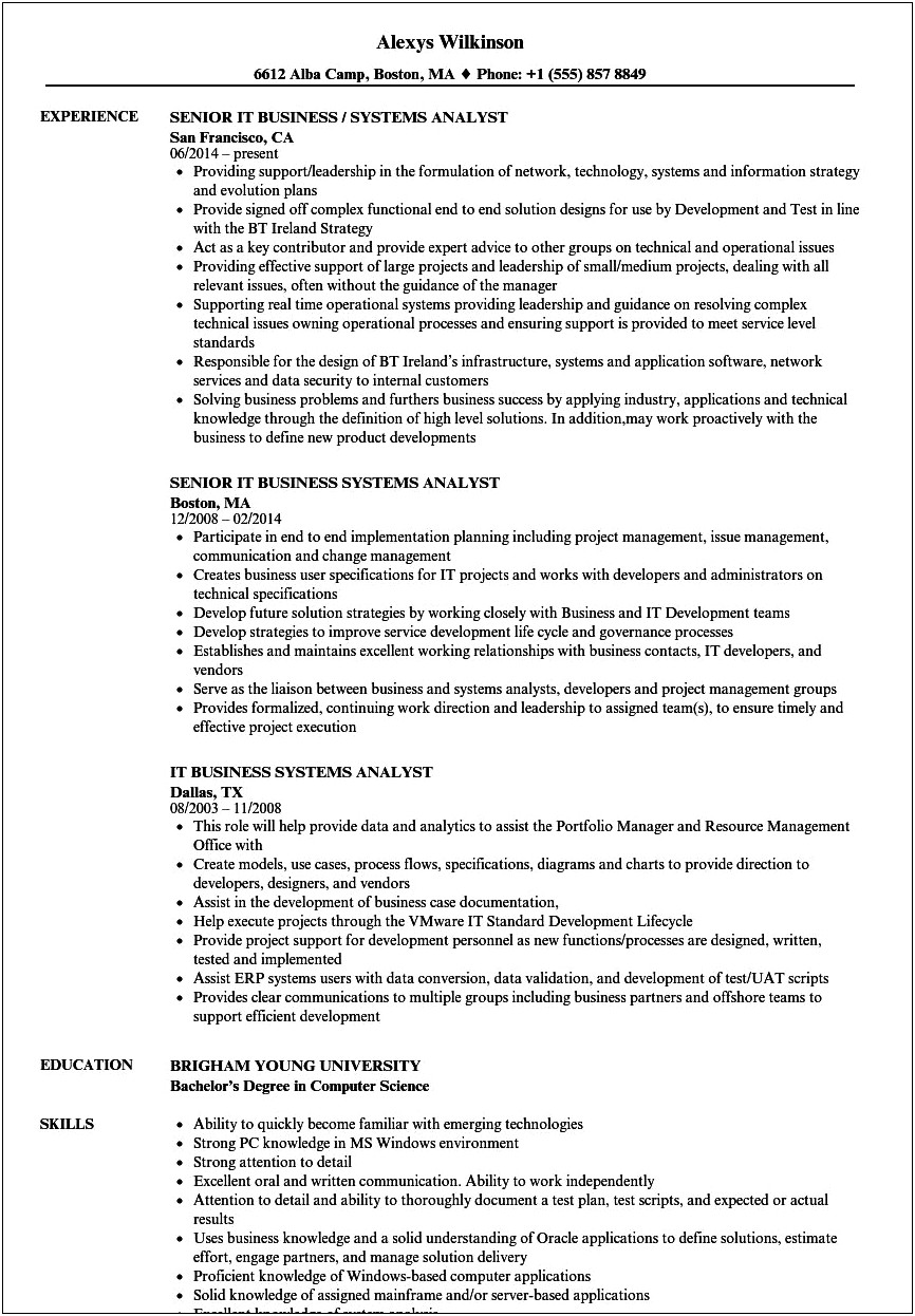 Objective Resume Samples Business System Analyst