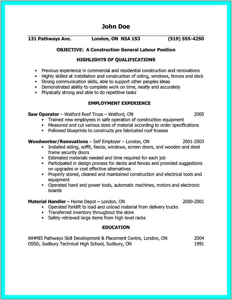 Objective Resume Samples For A Truss Worker