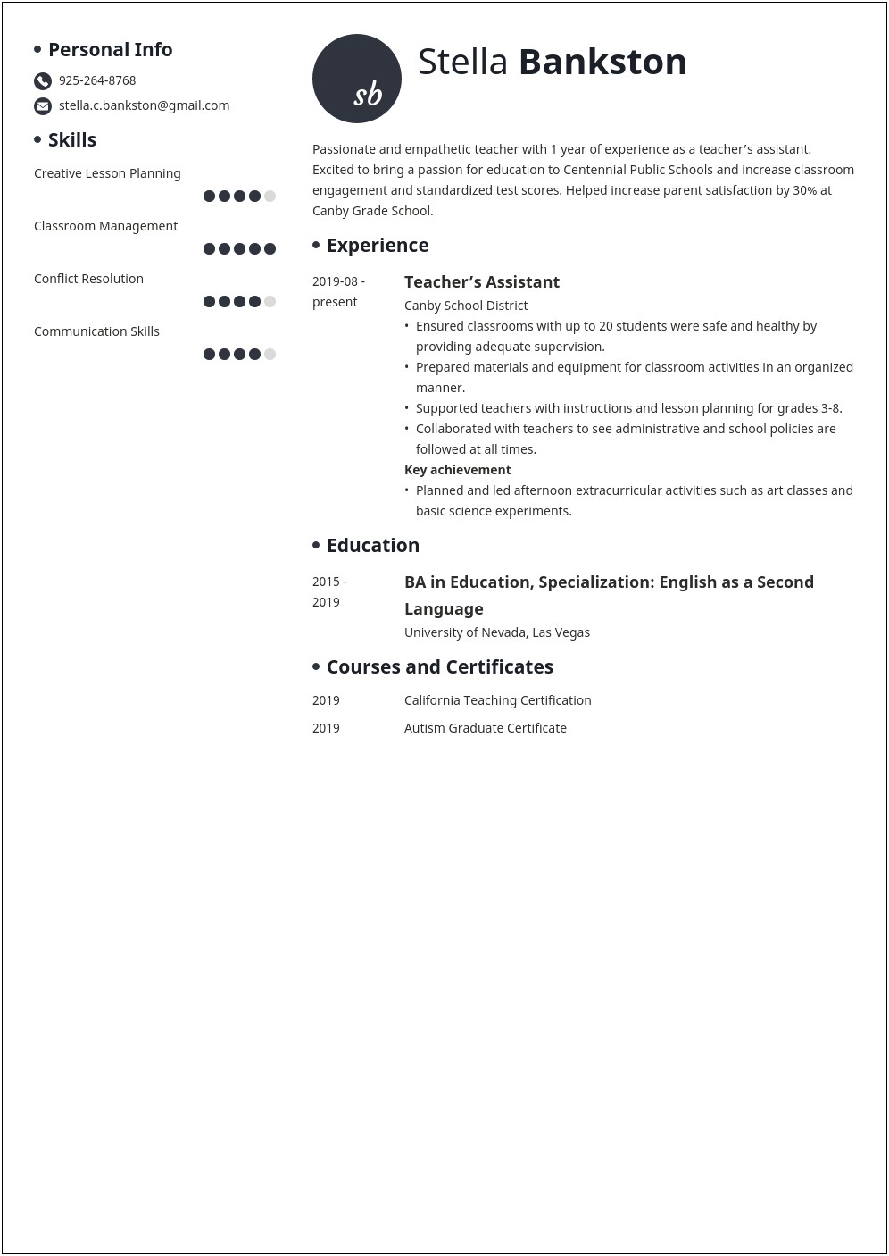 Objective Statement For A Teacher Resume