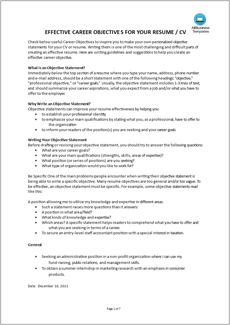 Objective Statement For Resume For Internship