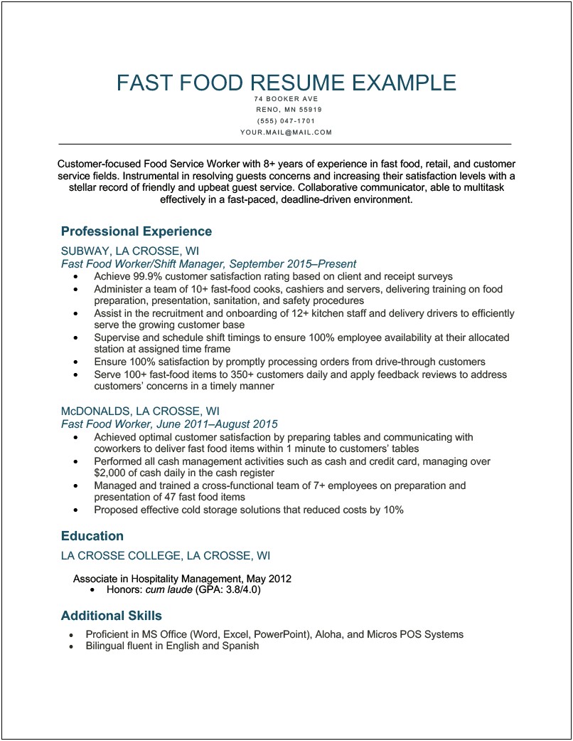 Objective Statement For Resume In Food Service