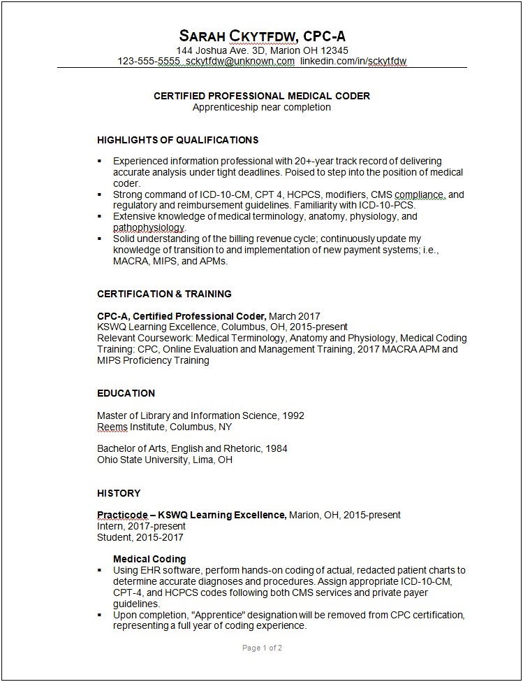 Objective Statements For Medical Coding Resume