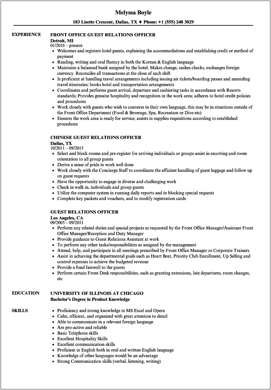 Objectives For Resume Guest Relation Executive