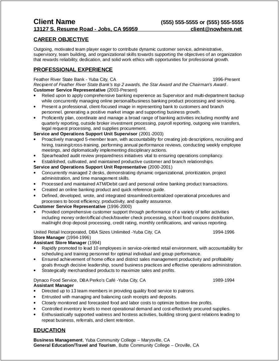 Objectives In A Resume For Customer Service