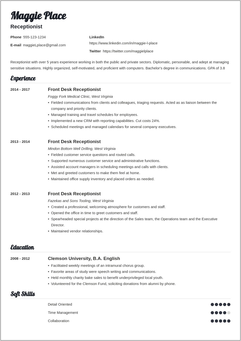 Objectives In A Resume For Receptionist