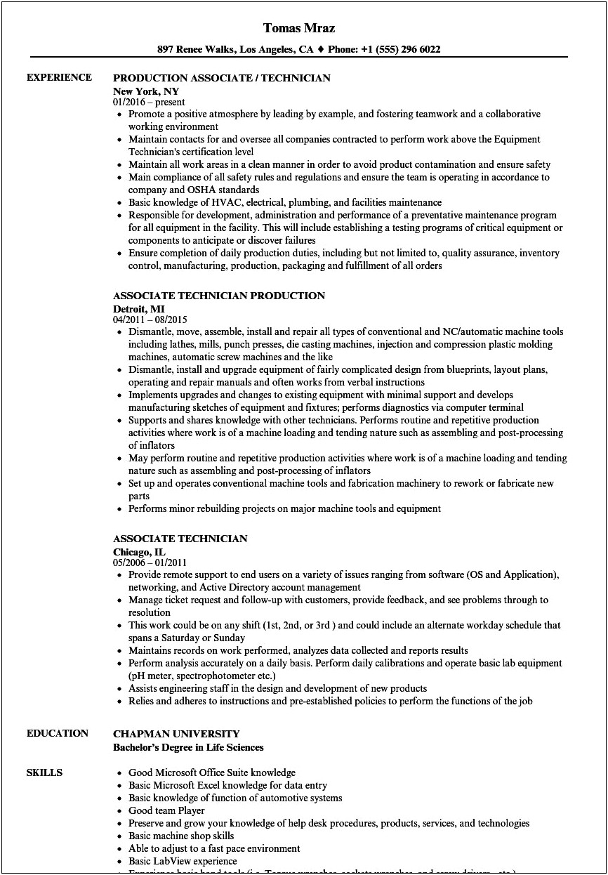 Objectives In Resume For Pcos Technician