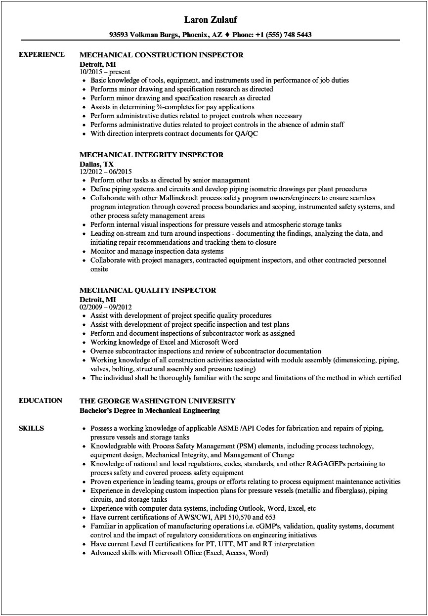 Objectives On A Resume For A Visual Inspector