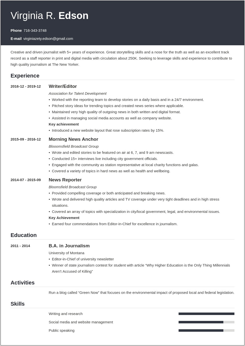Objectives On Resume For A Journalist
