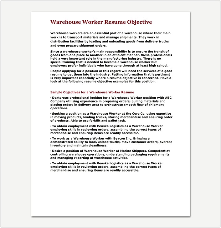 Objectives To Put On A Resume For Warehouse