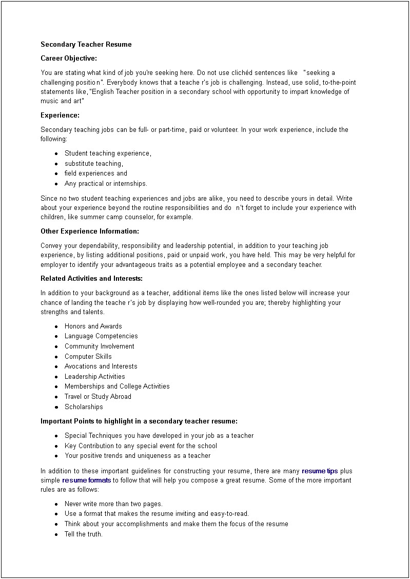 Objectives To Use On Resume For Secondary Teacher