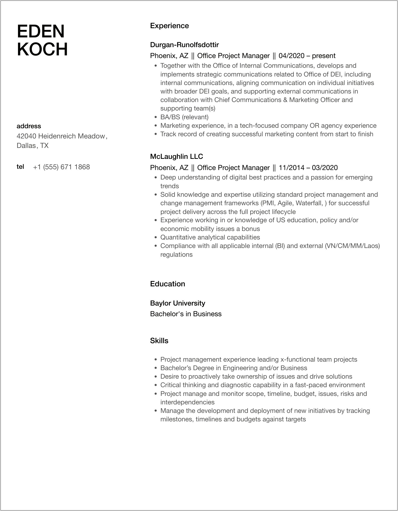 Office 365 Migration Project Manager Resume