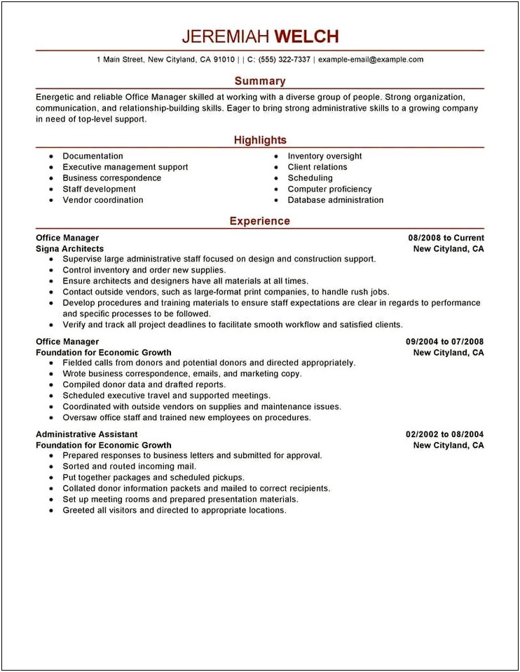 Office Manager Administrative Assistant Resume Summary