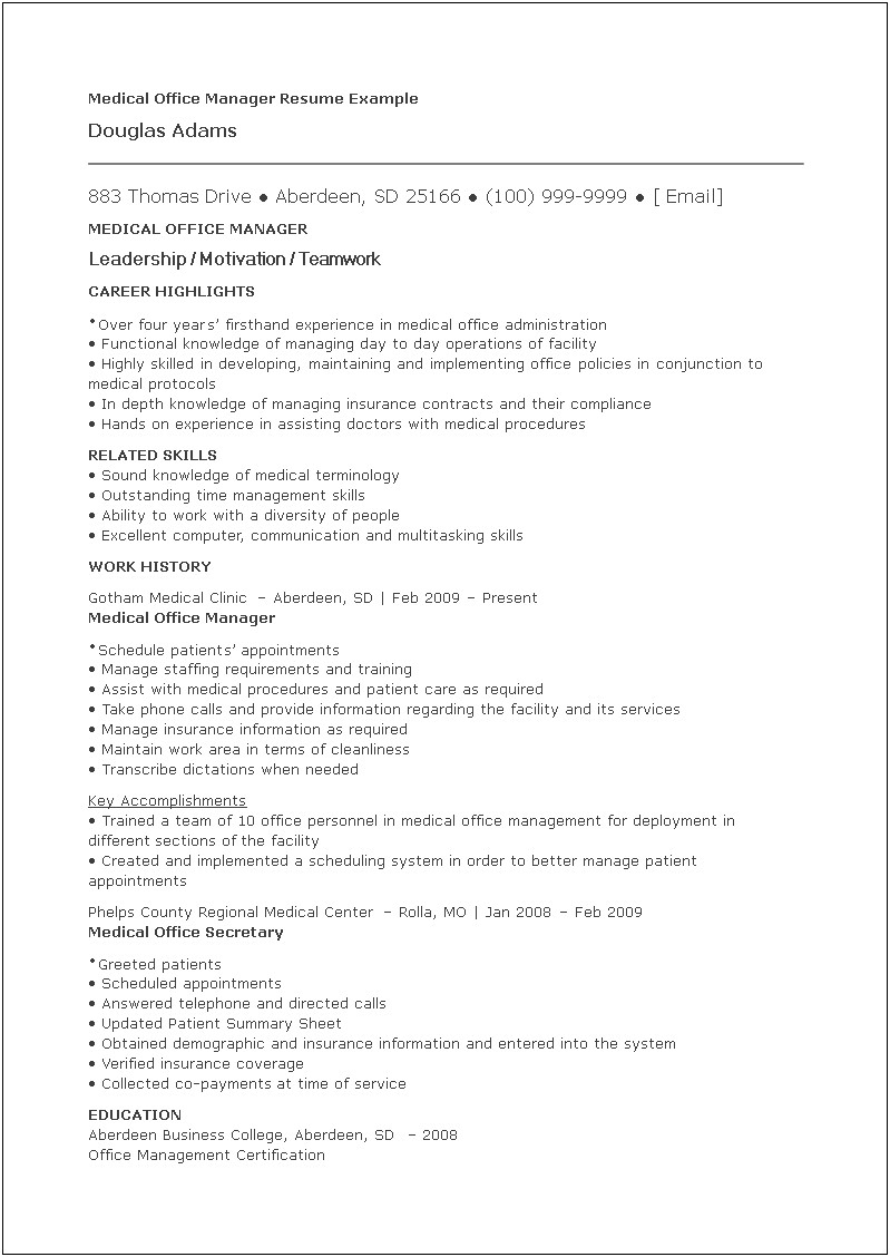 Office Manager For Medical Office Resume