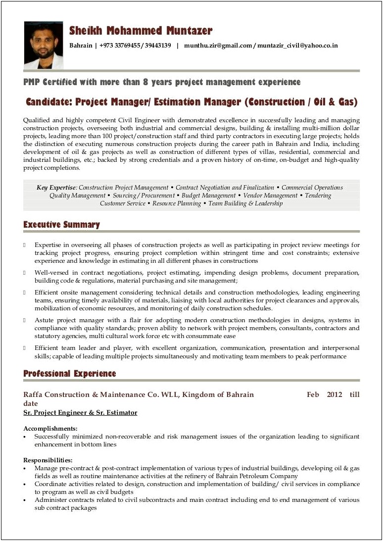 Oil And Gas Project Engineer Resume Summary