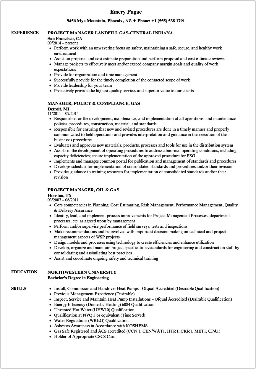 Oil And Gas Project Manager Resume