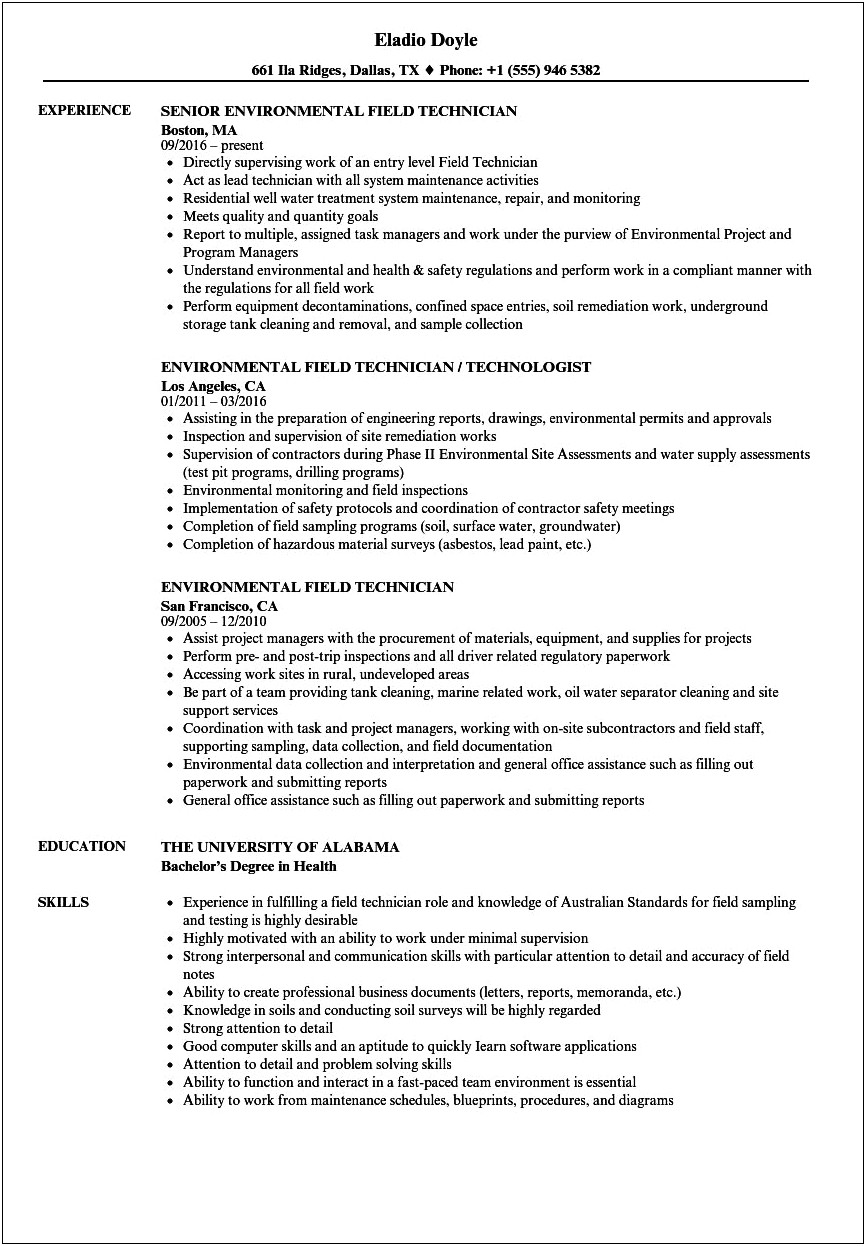 Oilfield Resume Field Service Technician Job Description