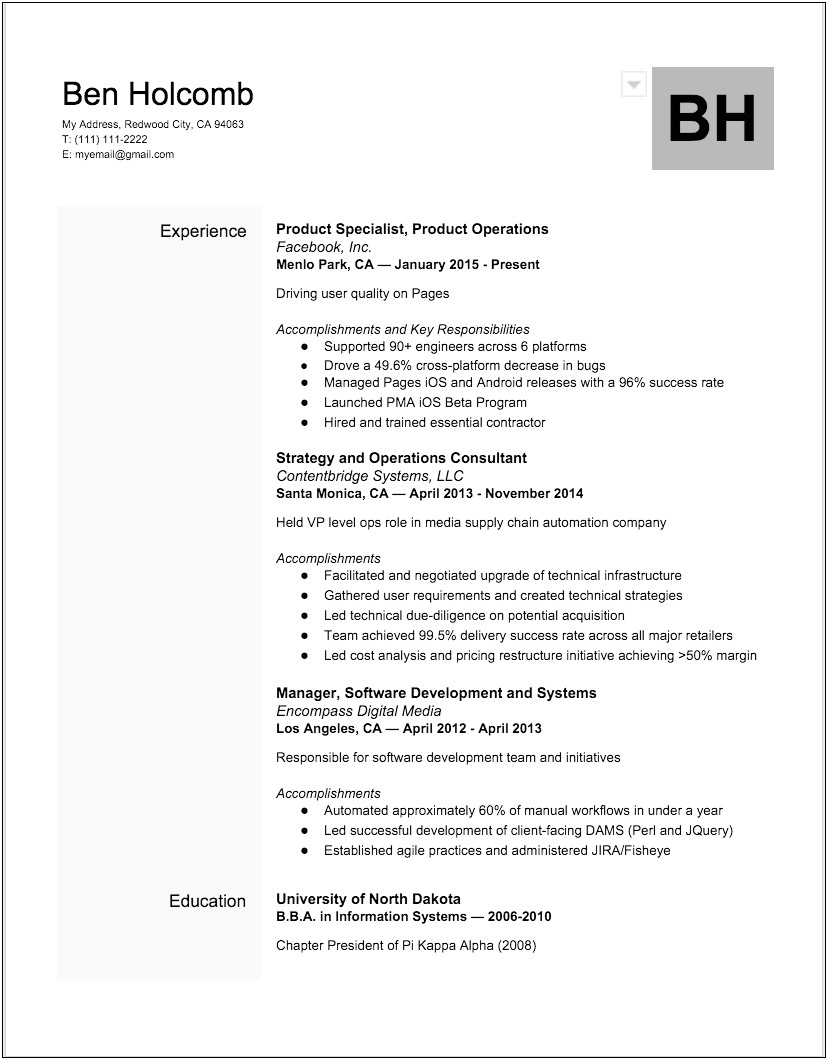 One Page Resume Example Internship It Tech
