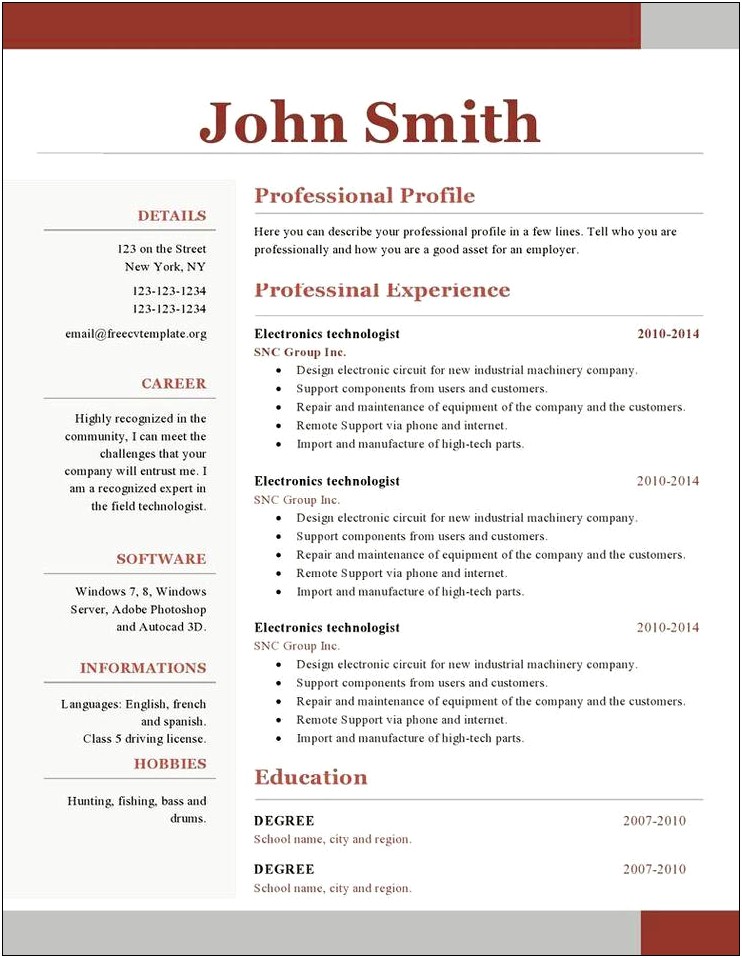 One Page Resume Sample For Freshers