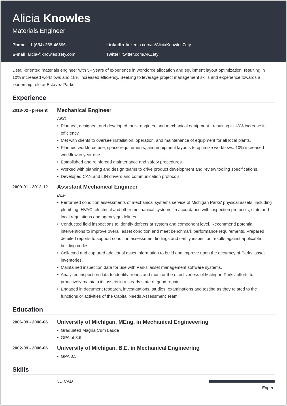 One Page Resume With Work Experience