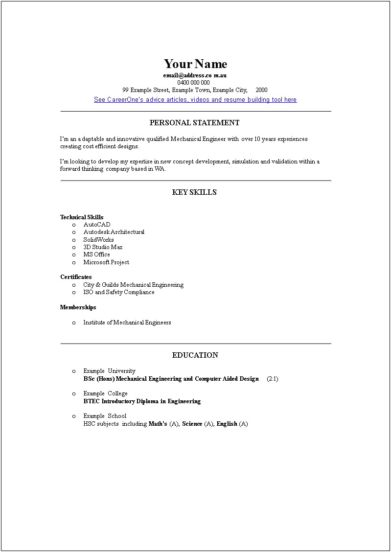 One Year Experience Resume Format For Mechanical Engineer