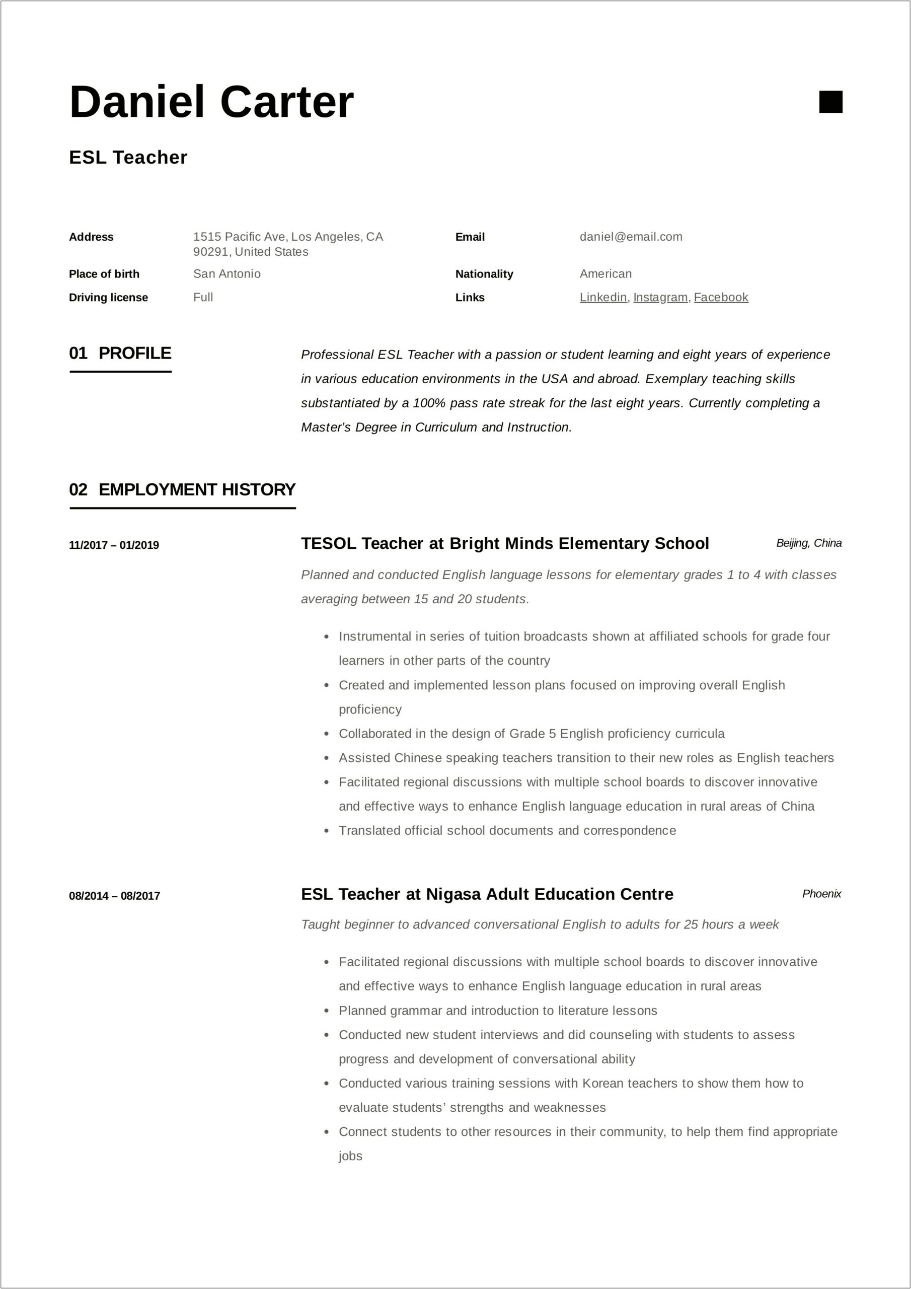Online Esl Teacher Job Description Resume