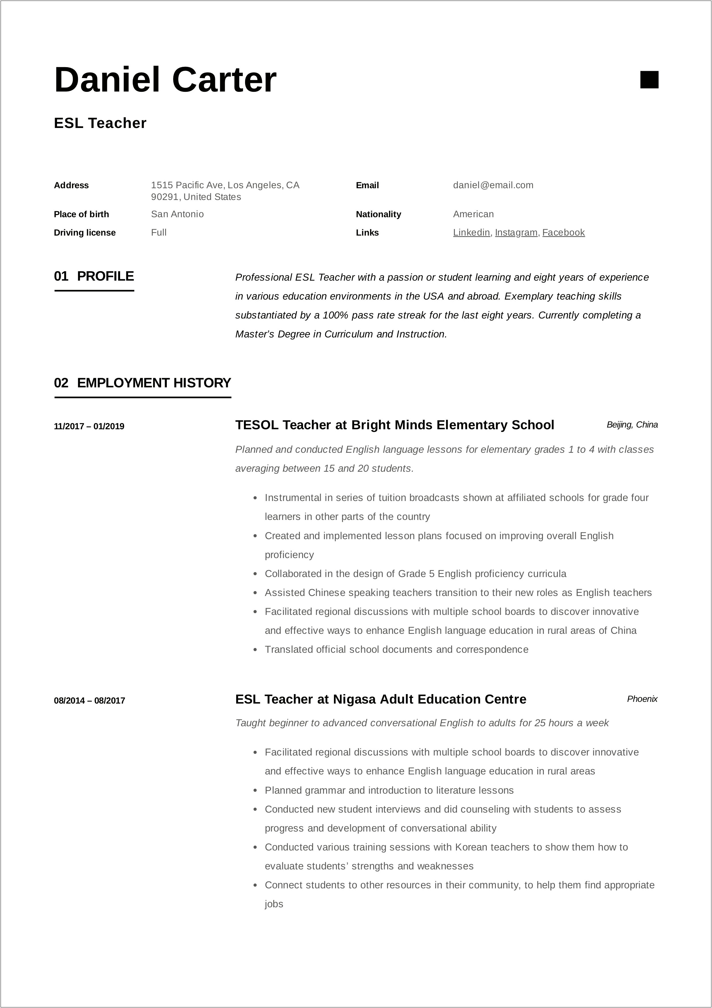 Online Esl Teacher Job Description Resume