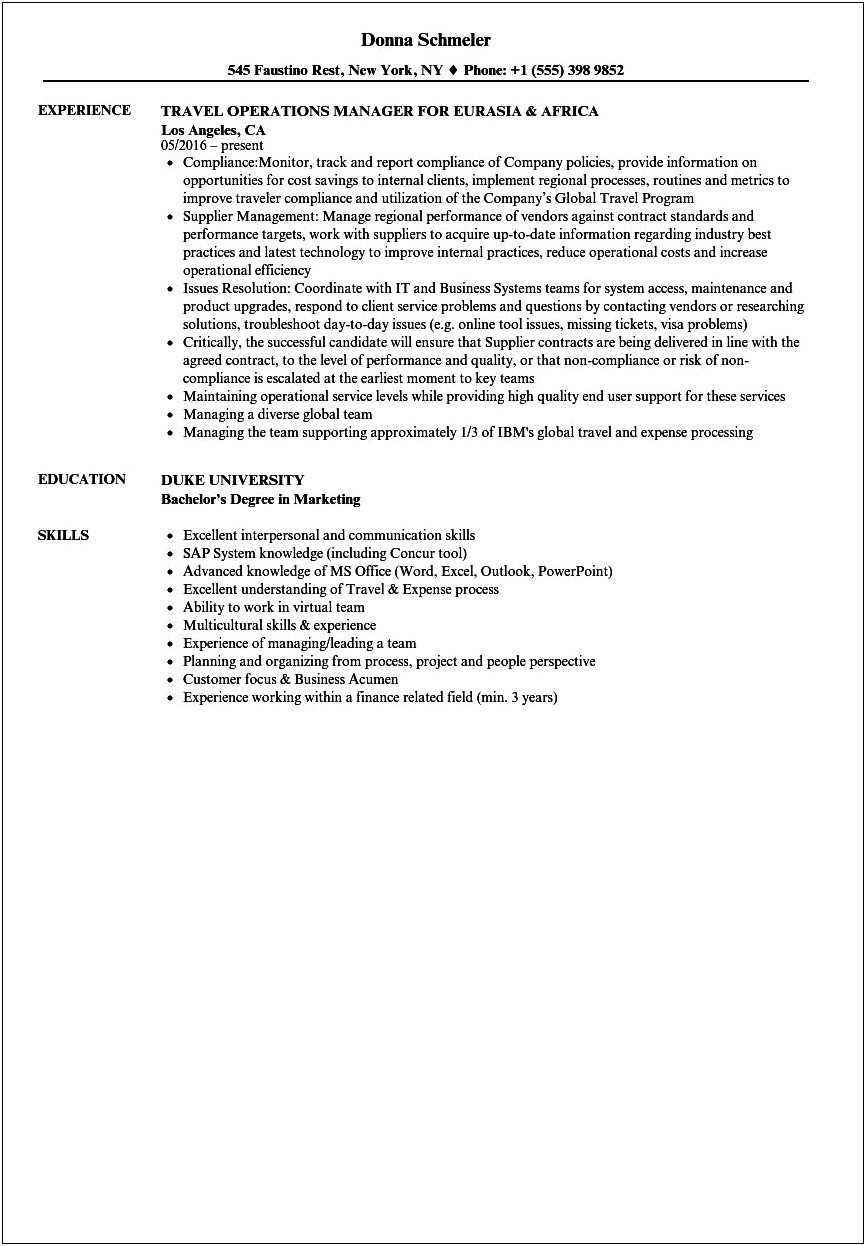 Operation Manager Job Description Resume Sample