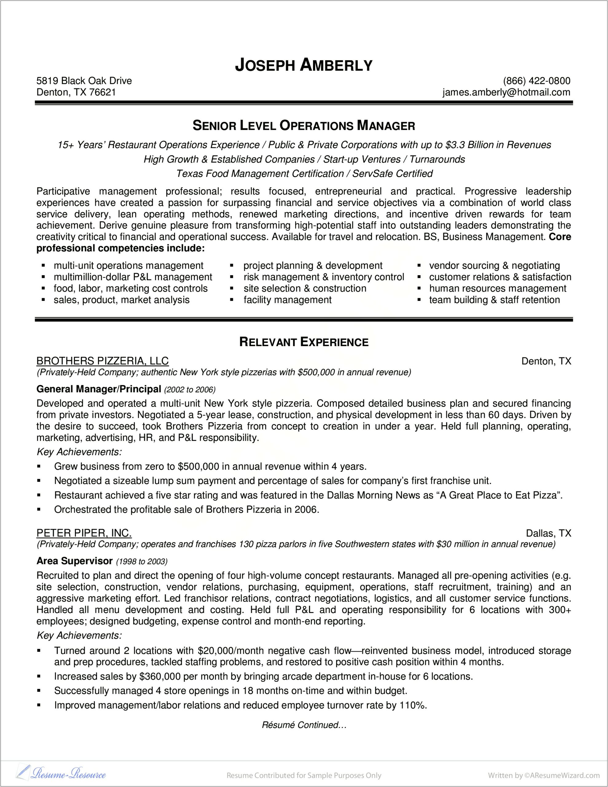 Operations Manager Job Description Resume Sample