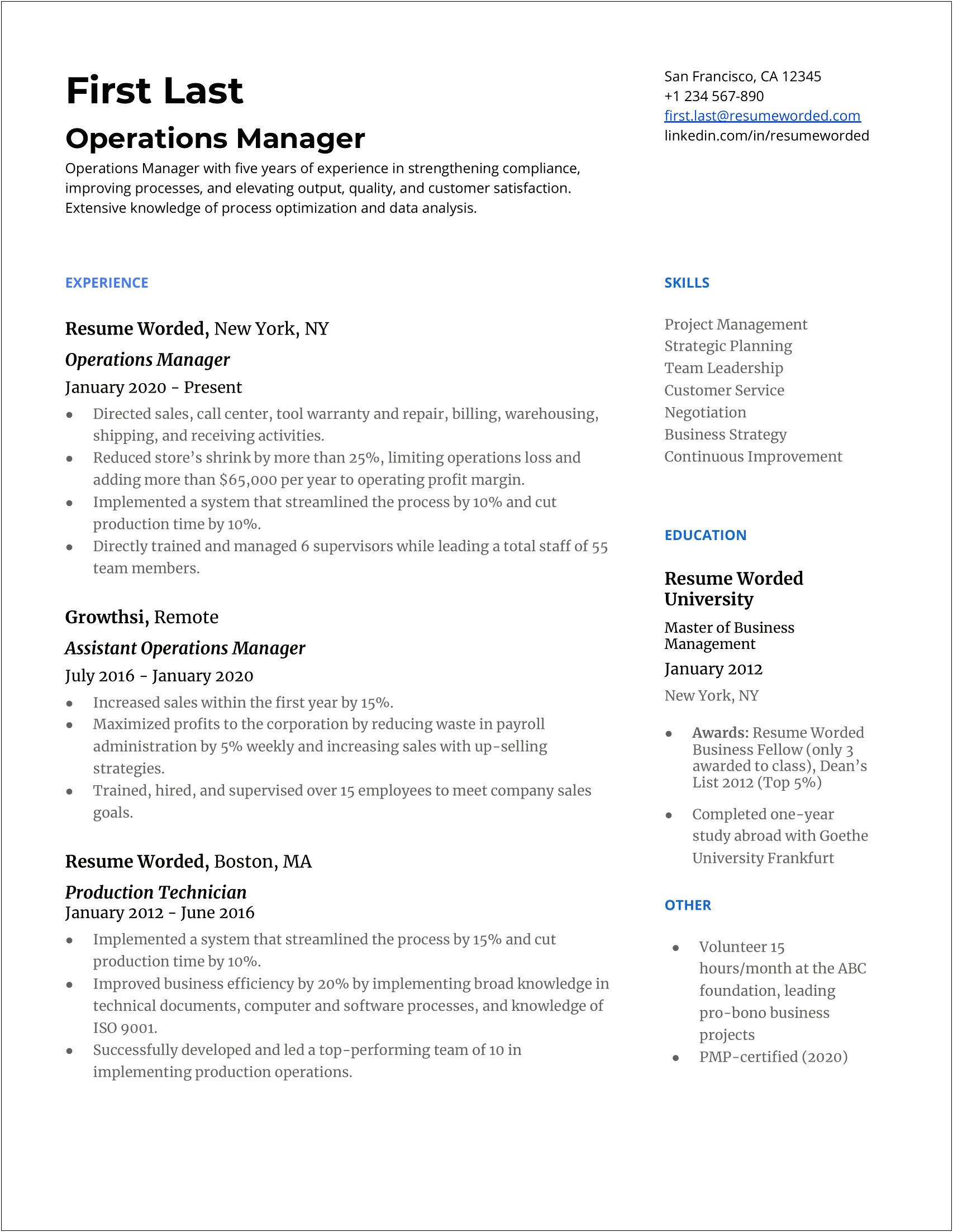 Operations Manager With One Year Experience Sample Resume
