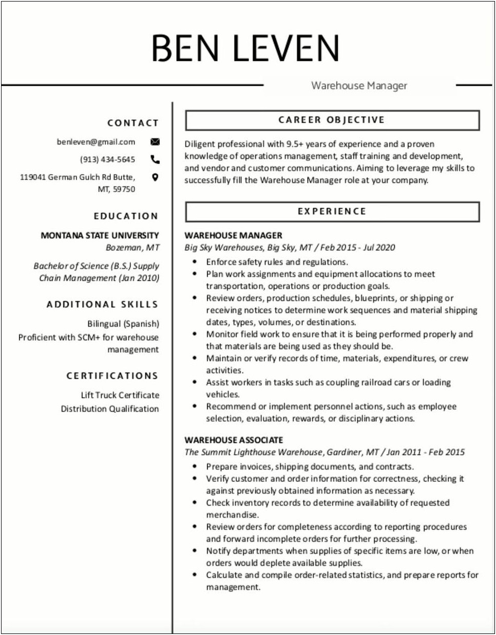 Operations Supervisor Job Description For Resume