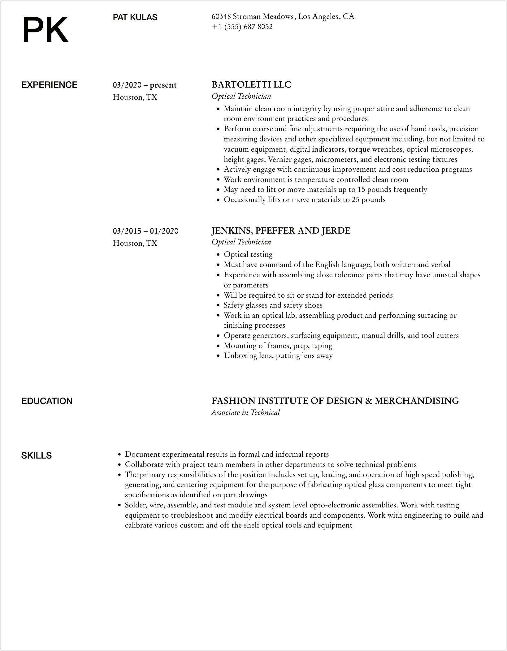 Optical Lab Tech Job Description For Resume