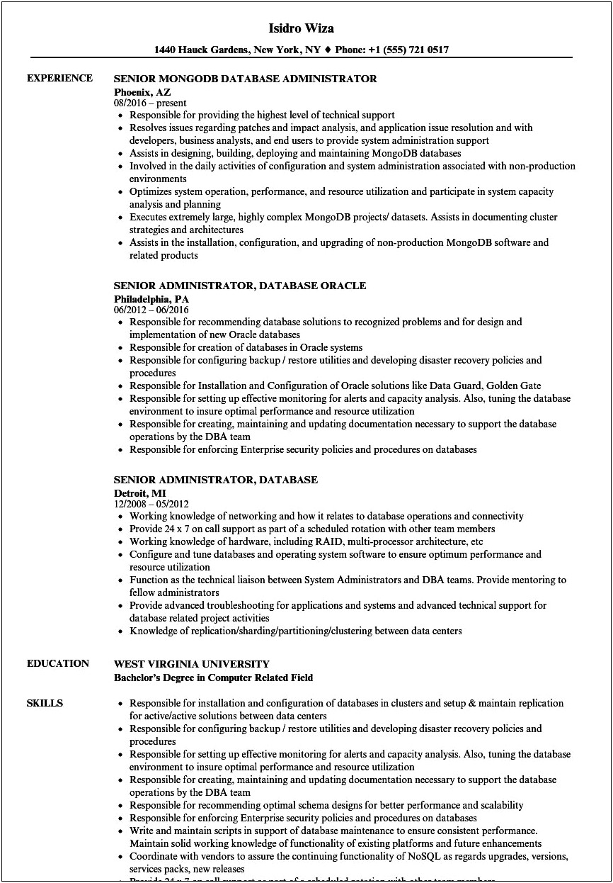 Oracle Dba Fresher Resume Free Download