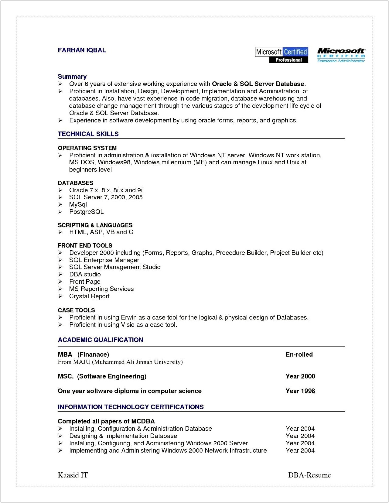 Oracle Dba Fresher Sample Resume Free Download