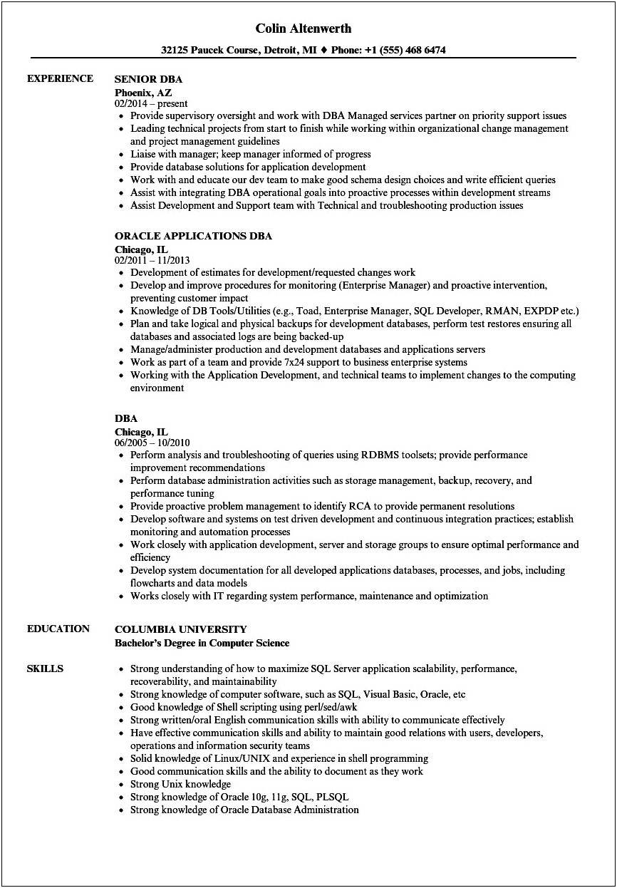 Oracle Dba Resume For 4 Year Experience