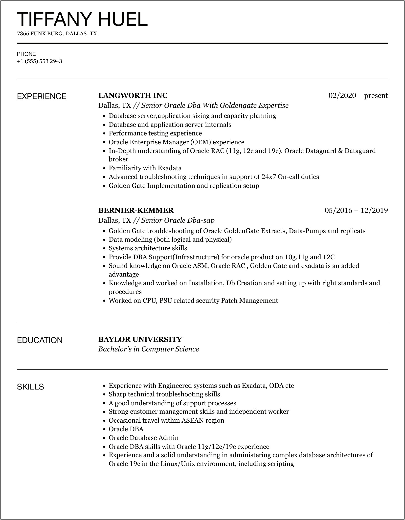 Oracle Dba With Golden Gate Job Description Resume