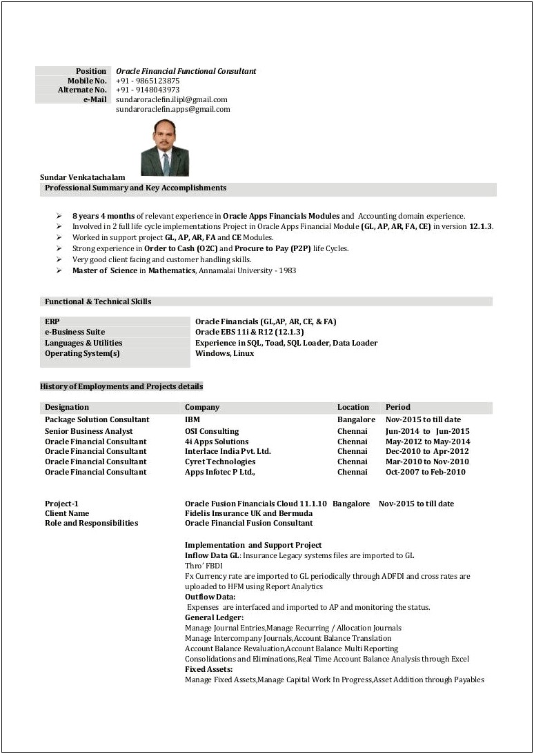 Oracle Financial Functional Consultant Sample Resume
