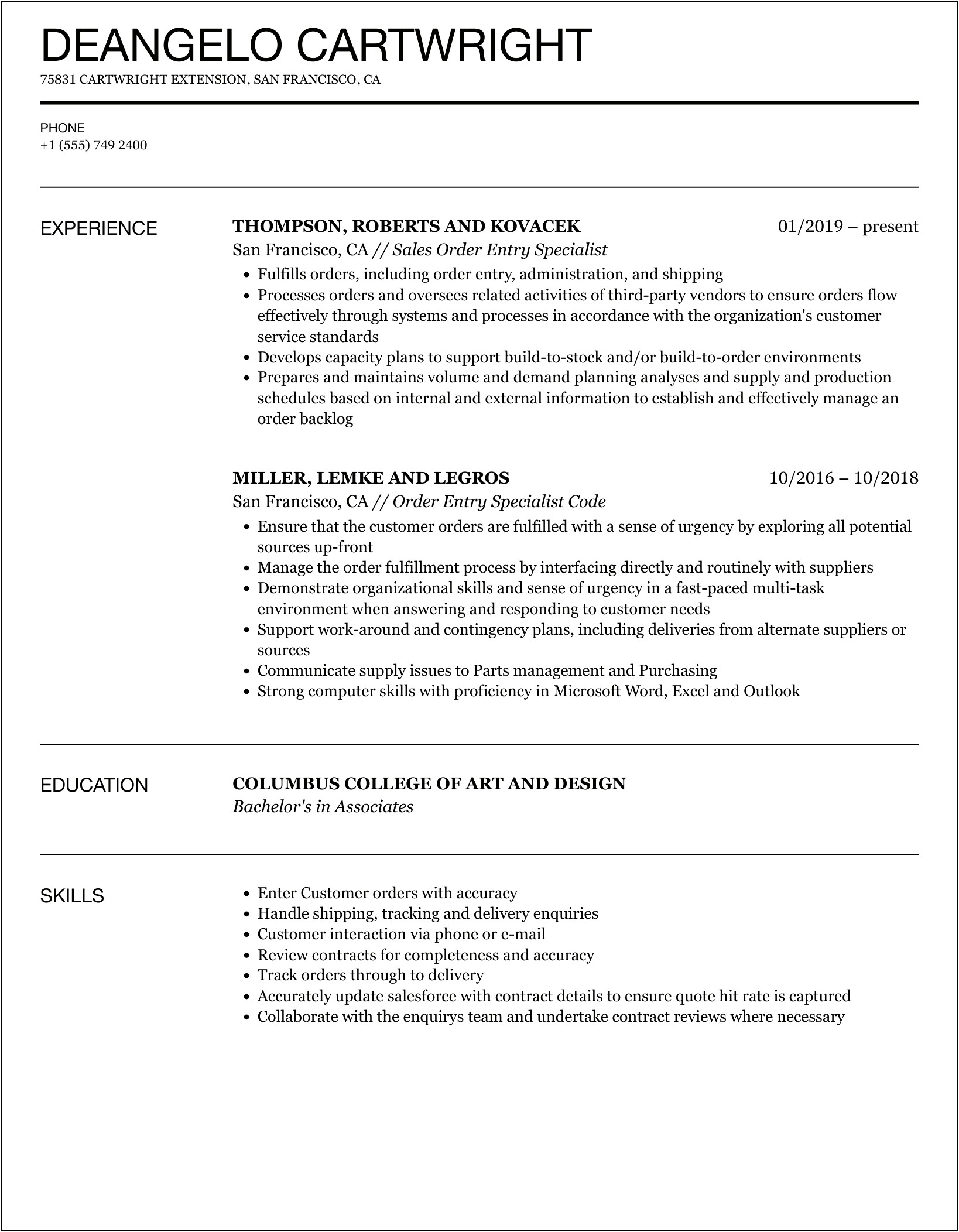 Order Entry Clerk Job Description Resume