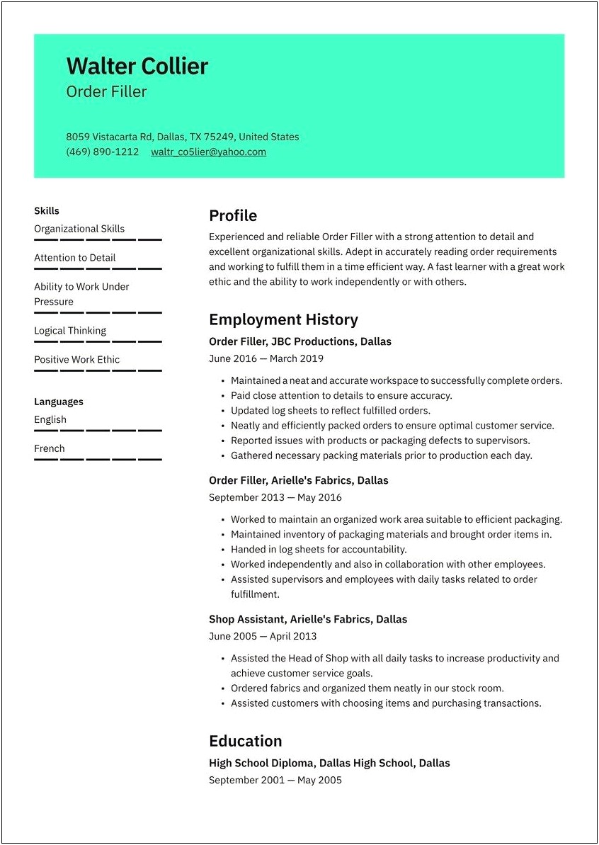 Order Filler Job Description For Resume