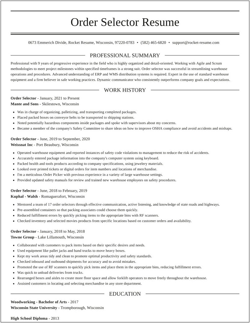 Order Selector Job Description For Resume