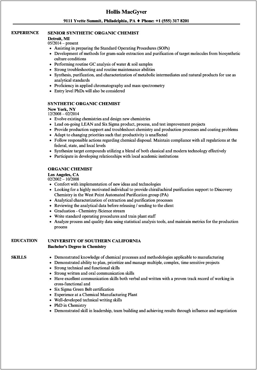 Organic Chemistry Research Assistant Skills Resume