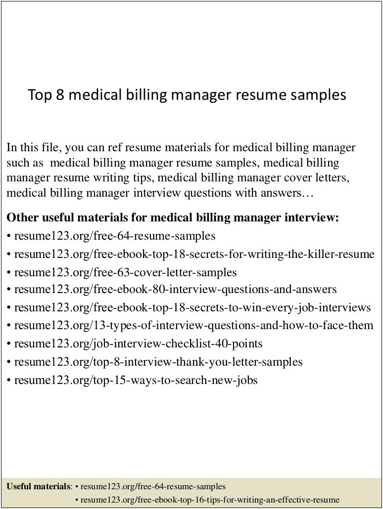 Orthopedic Medical Billing Manager Resume Sample