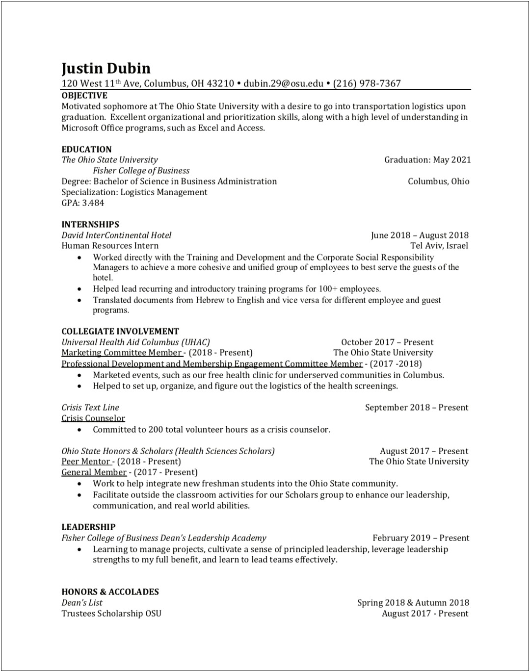 Osu Arts And Science Career Services Sample Resume