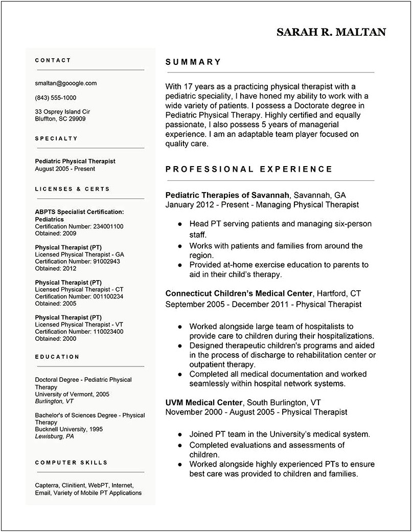 Outpatient Pediatric Physical Therapy Resume Examples Indeed