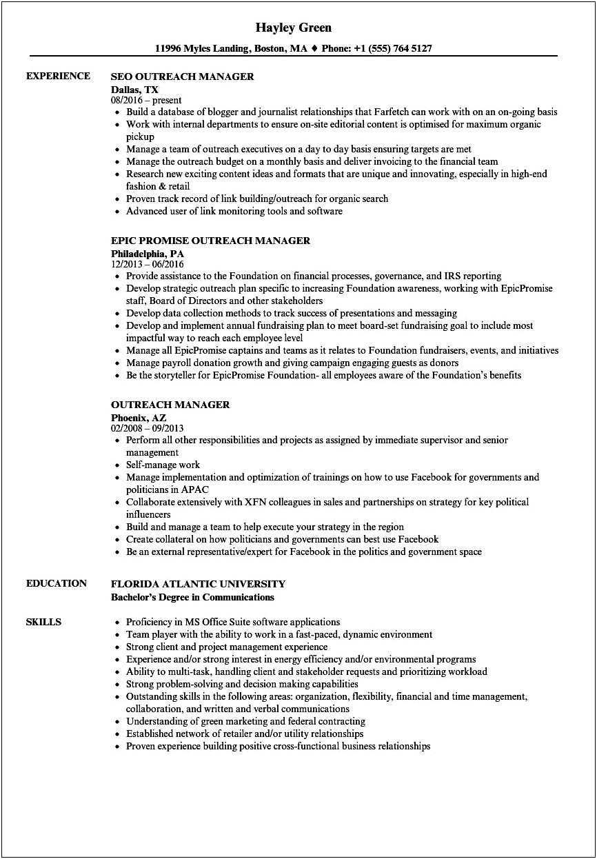 Outreach Specialist Job Description For Resume