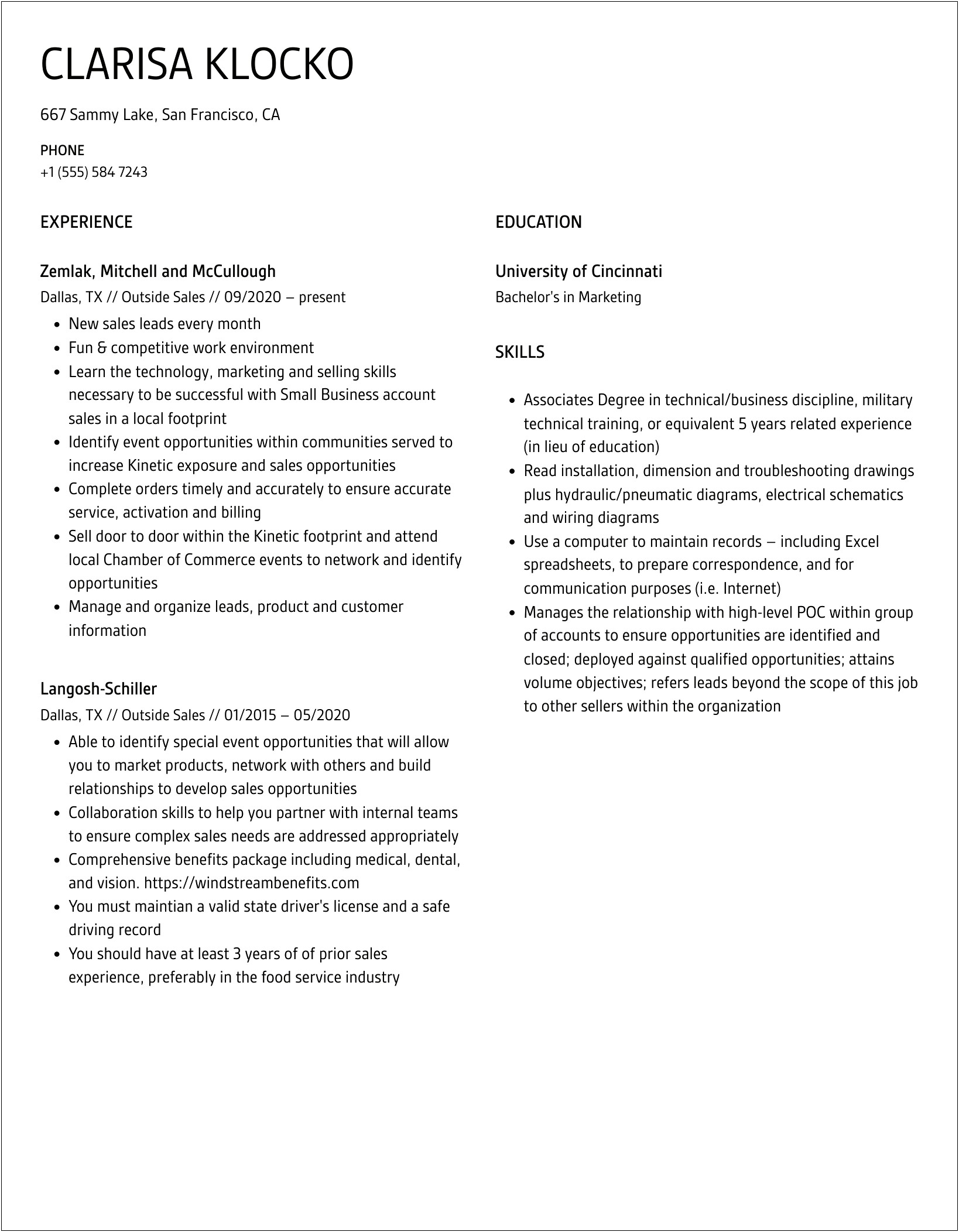 Outside Sales Summary For Job Resume