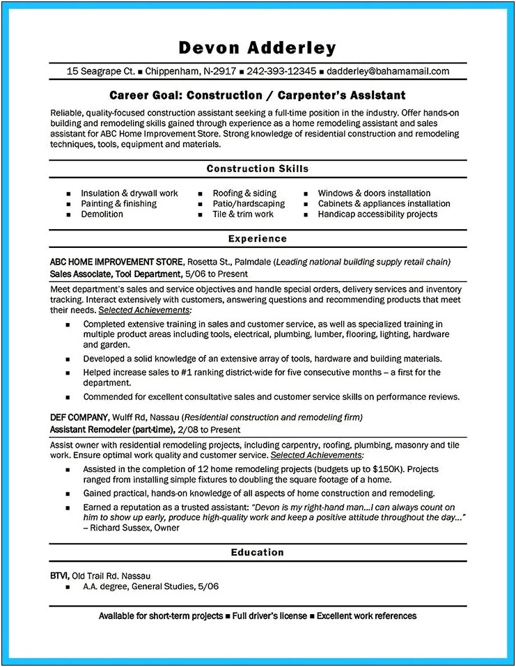 Owner Of Home Improvement On Job Description Resume
