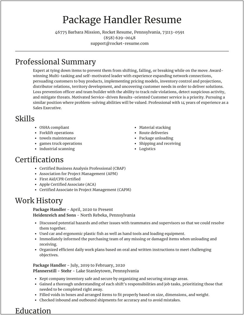 Package Handler Job Description For Resume