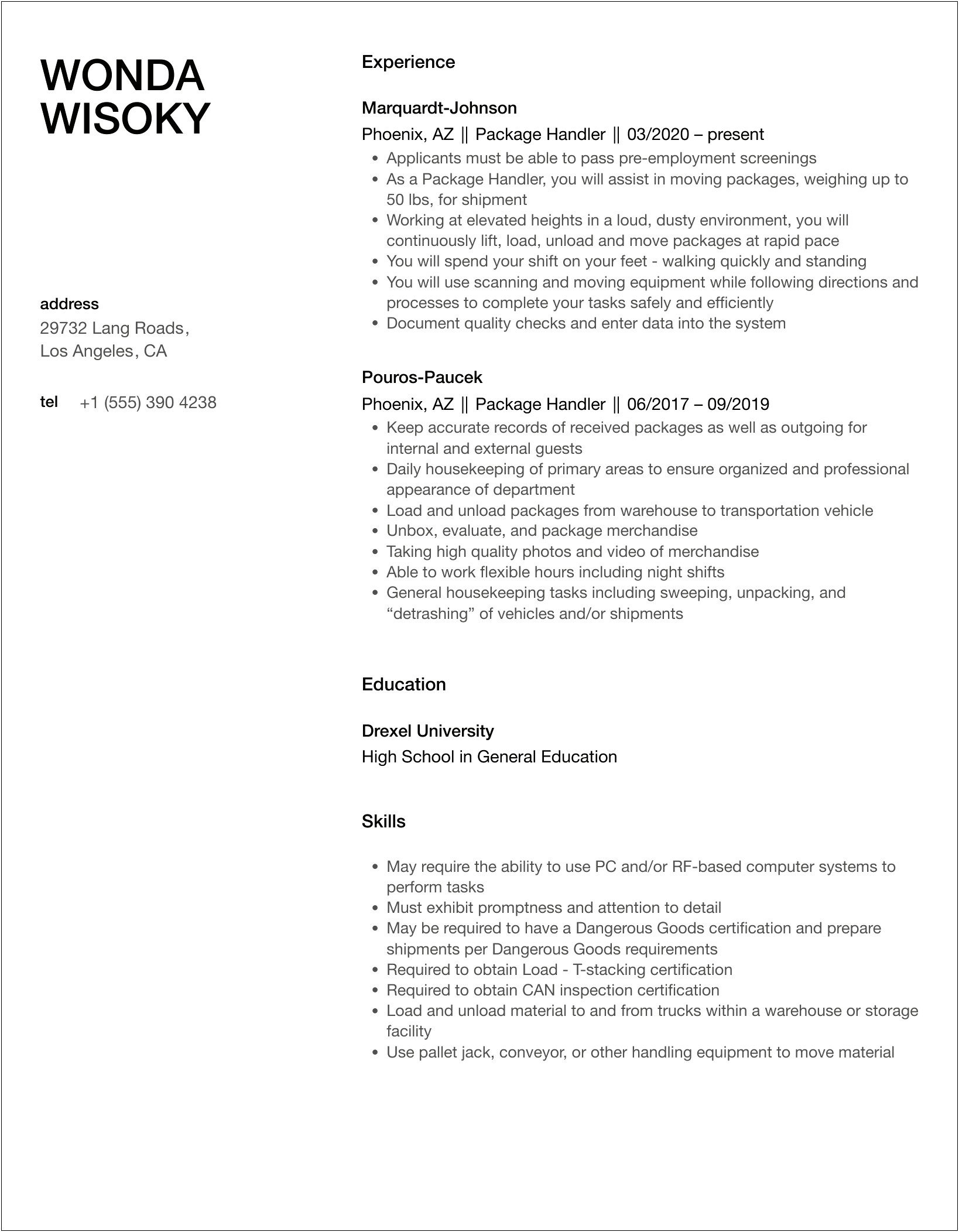 Package Handler Resume For A First Job