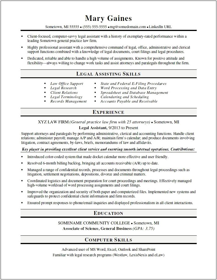 Paralegal Resume In School No Experience